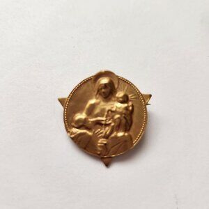 Vintage Gold-Tone Religious Brooch With Virgin Mary & Child Jesus Icon Design